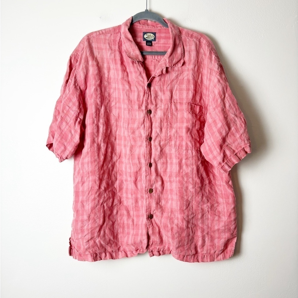 TOMMY BAHAMA • Men’s Pink Linen Wooden Cork Button Plaid Button Down Shirt Sz XL